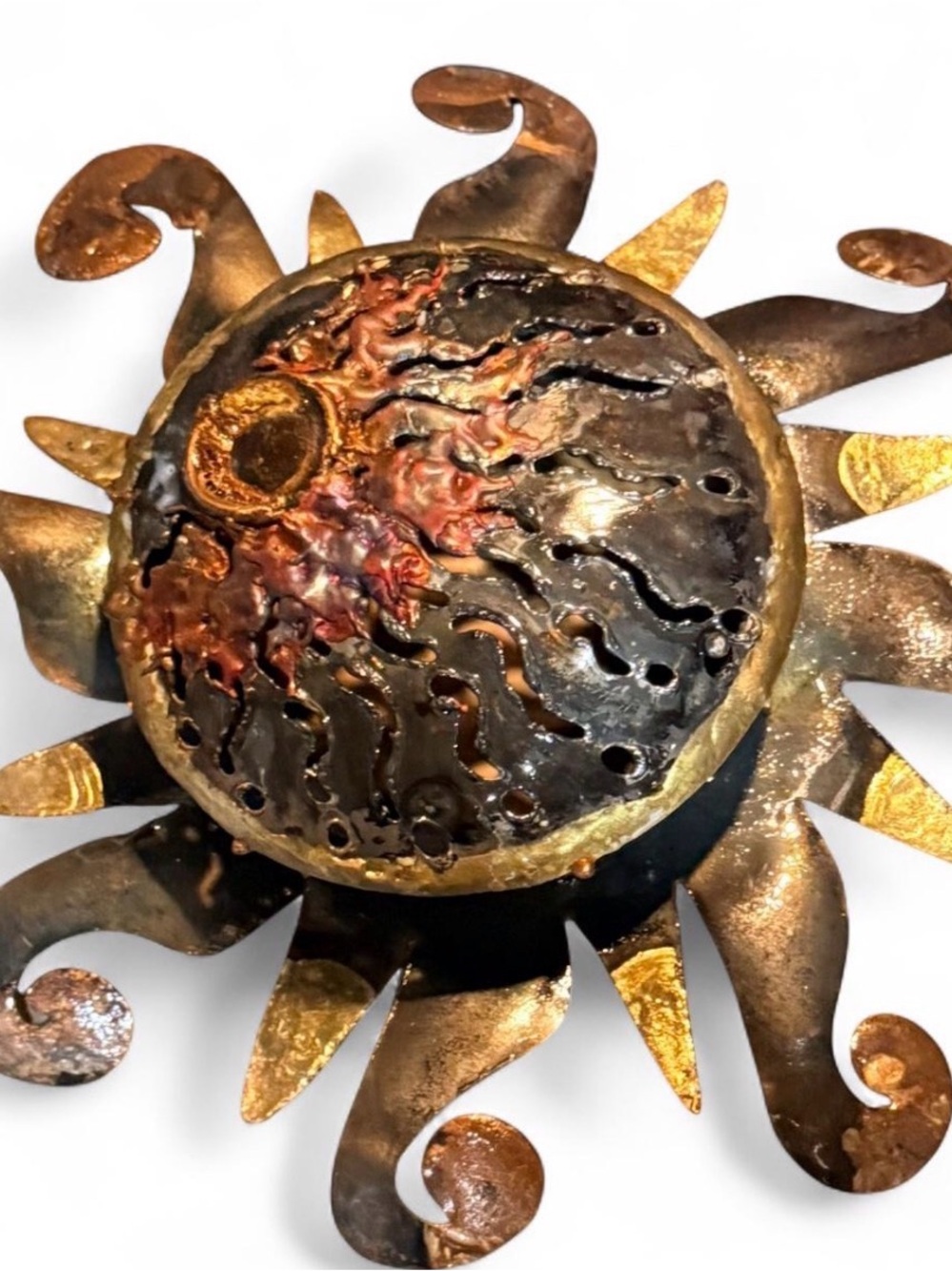 Vintage Mexican Mixed Metal Sun Wall Art 10" 3D Torch Fired Copper Brass